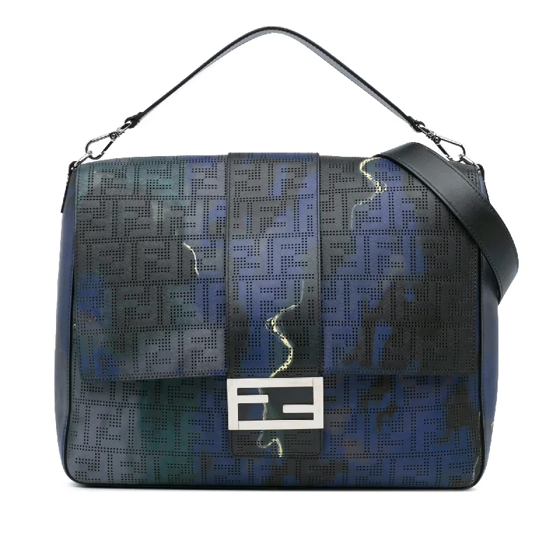 Fendi tote bags with a double - handle and shoulder - strap option for versatile carryingBlue Fendi Large Zucca Perforated Leather Baguette Satchel