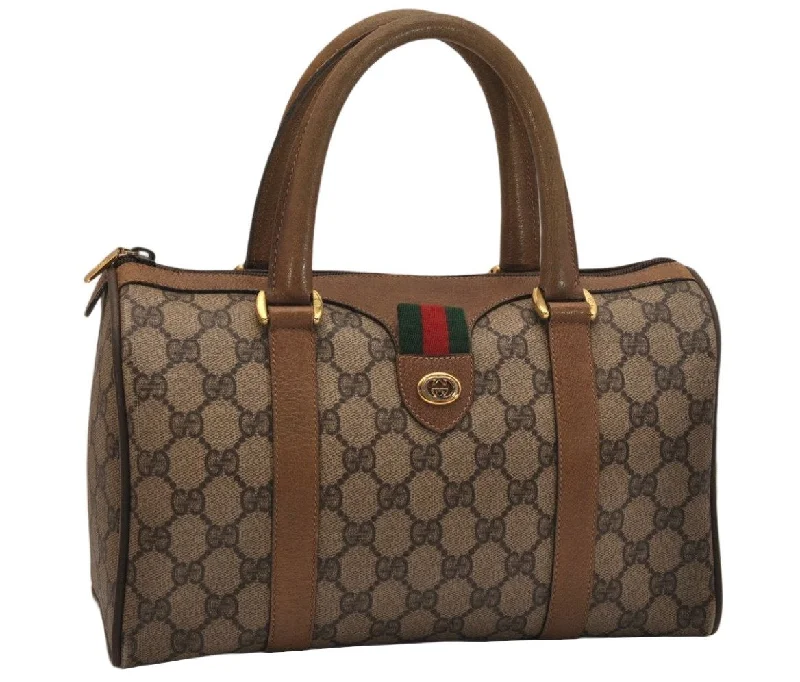 Gucci handbags for women with a patent - leather finishAuthentic GUCCI Web Sherry Line Hand Boston Bag GG PVC Leather Brown Junk 9255J