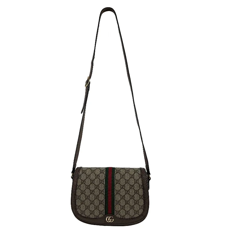 Women Gucci crossbody bags in a bold red colorGUCCI GG Supreme Monogram Web Small Ophidia Flap Messenger Brown Crossbody Bag