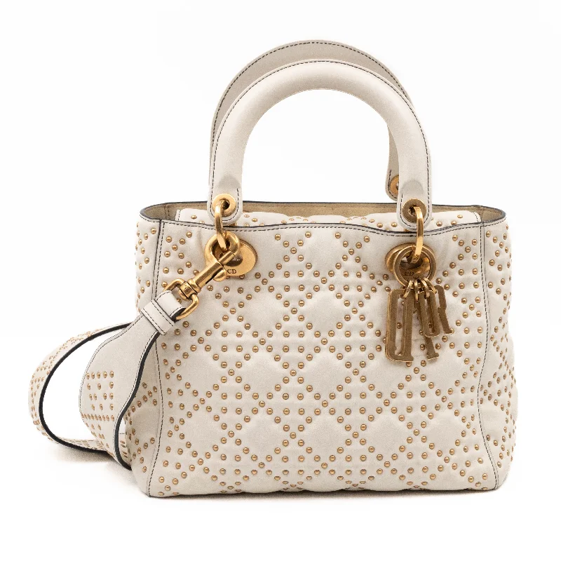 Christian Dior handbags with a removable shoulder strap for versatilityLady Dior Medium Supple Cannage Studded White Leather