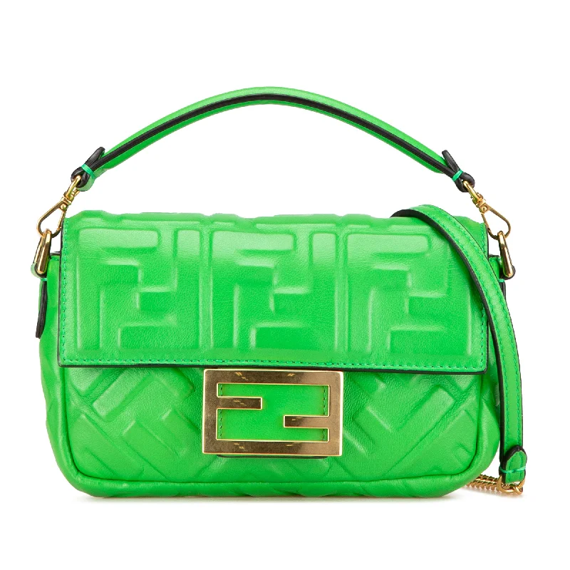 Fendi crossbody bags with a detachable fanny pack strap for a trendy and practical optionGreen Fendi Mini Embossed Zucca Baguette Satchel