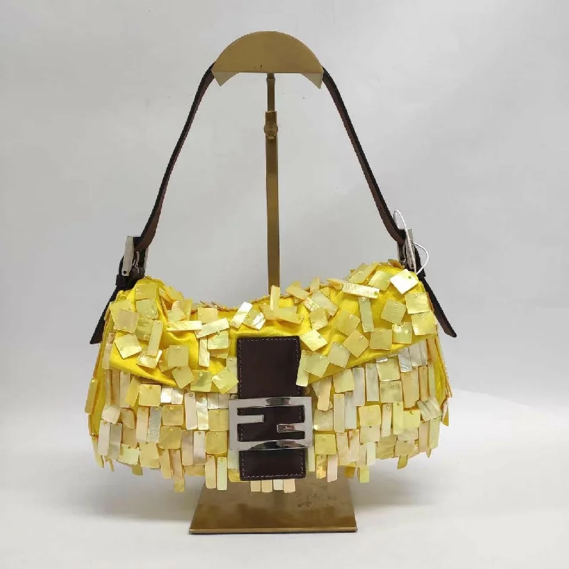 Fendi handbags with a beaded trim for a glamorous and eye - catching lookFendi Baguette Yellow Silk With Mother Of Pearl Sequins Extremely Rare