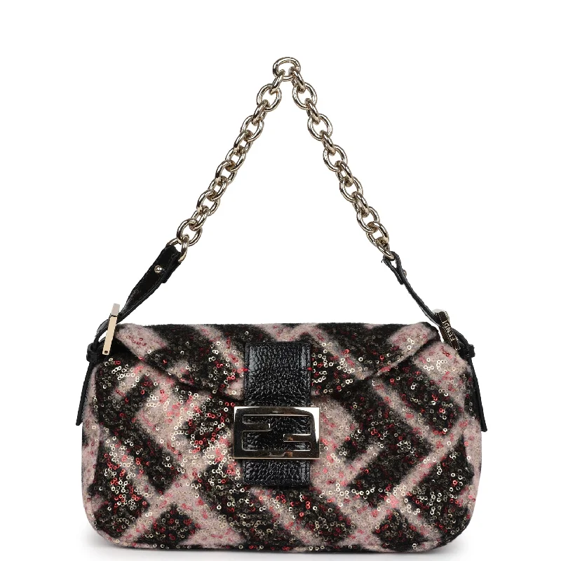 Fendi bags with a front - flap pocket and a turnlock for a classic and elegant aestheticVintage Fendi Shoulder Bag Pink and Black Zucca Wool Sequins Light Gold Hardware