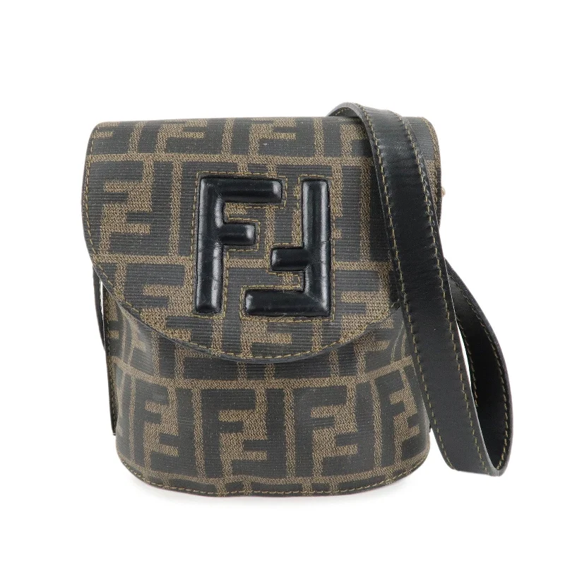 Fendi handbags with a metallic - finish FF logo for a bold and glamorous lookFENDI Zucca Logo Print PVC Leather Shoulder Bag Black Brown