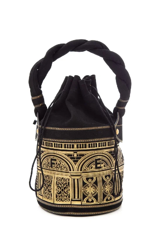 Fendi By The Way bags with a contrast - colored interior for visual interestFendi Black & Gold Baroque Suede Palazzo Bucket Bag