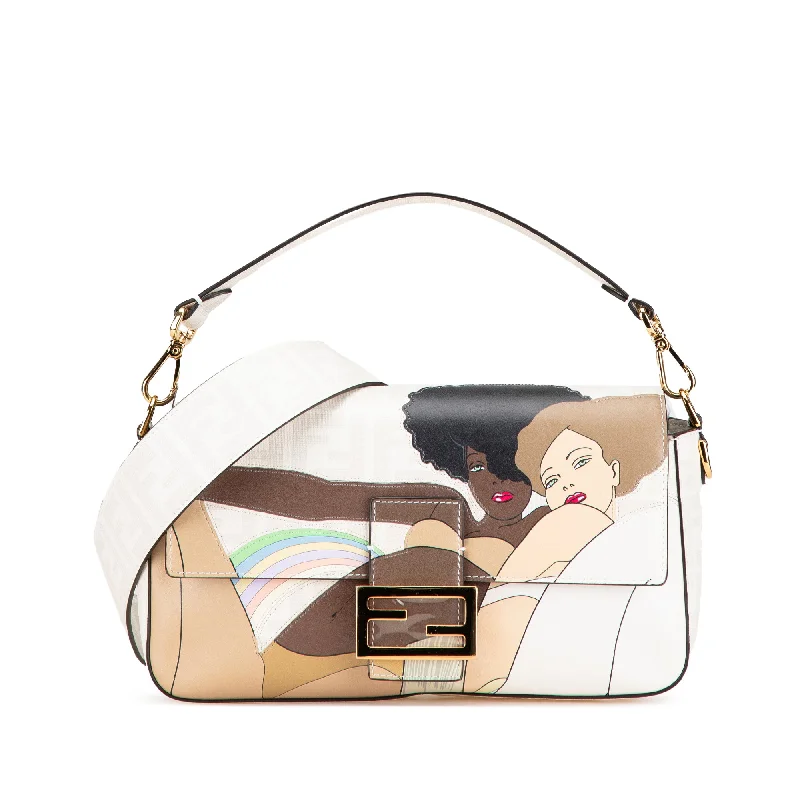 Fendi Baguette bags with a glitter - infused leather surface for a glamorous and sparkly lookWhite Fendi Zucca Graphic Print Coated Canvas Bikini Girls Baguette Satchel