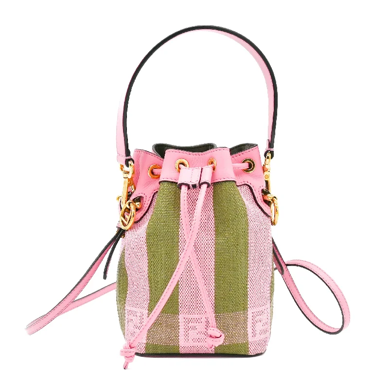 Fendi bags with a detachable mirror inside for quick touch - ups and groomingFendi Mon Tresor Bucket Bag Pequin Raffia Mini in Green & Pink Stripe