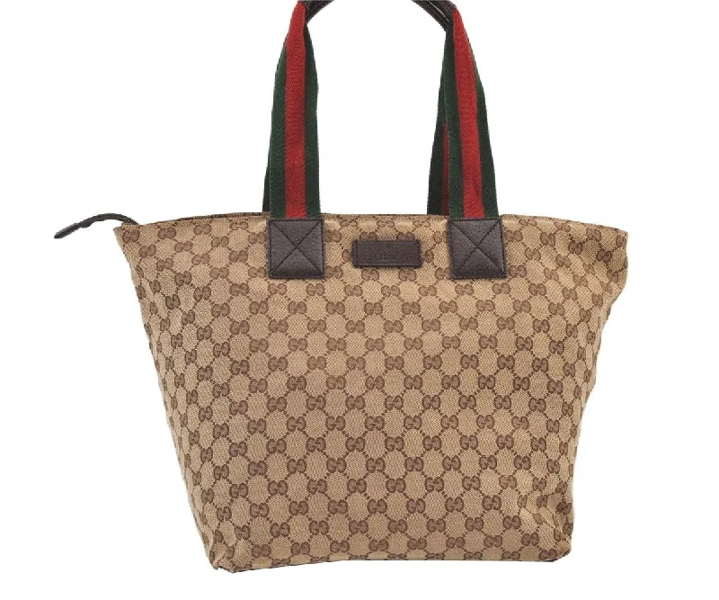 Gucci tote bags for women with a printed Gucci logoAuthentic GUCCI Web Sherry Line Tote Bag GG Canvas Leather 131231 Brown 0907K