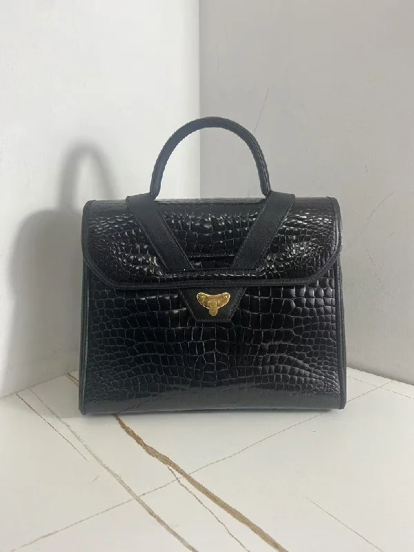 Fendi bags with a chain - link trim and a leather body for a modern and edgy lookFendi Black Crocodile Embossed Handbag Medium